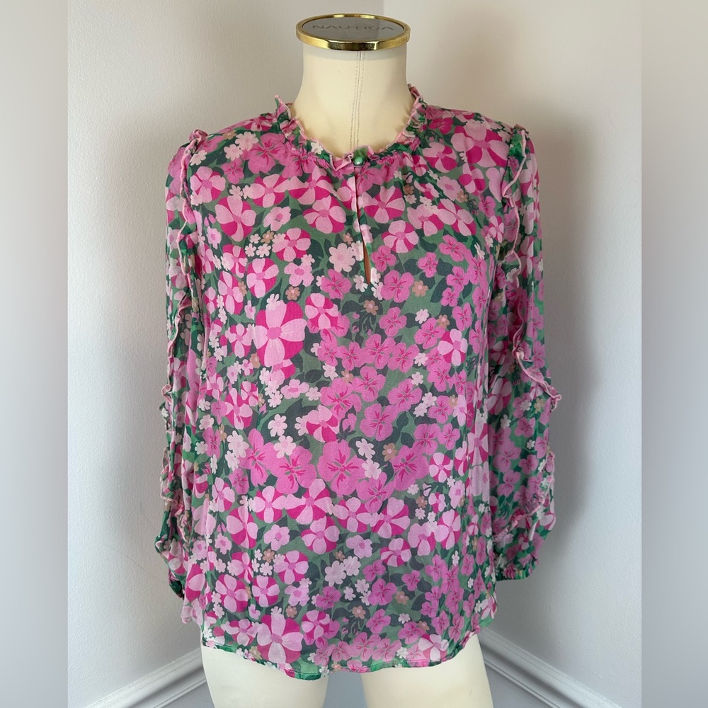 VINEYARD VINES Montauk Daisy Print Ruffle Trim Top Silk Blend | Size Small
